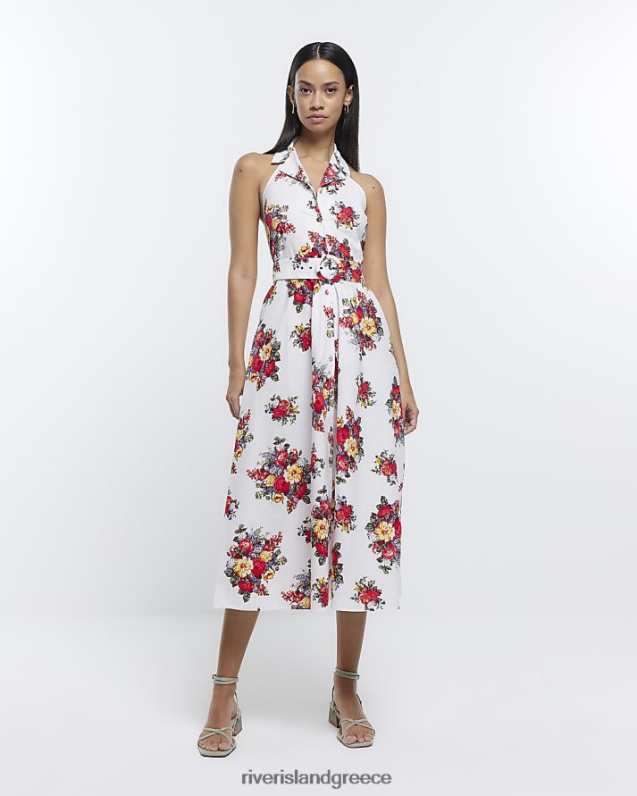 River Island ενδύματα κρέμα γυναίκες φλοράλ λινό μίντι πουκάμισο φόρεμα B6N8X4819