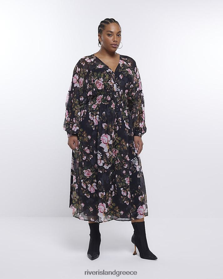 River Island ενδύματα μαύρος γυναίκες συν φλοράλ μακρυμάνικο μίντι φόρεμα B6N8X4854