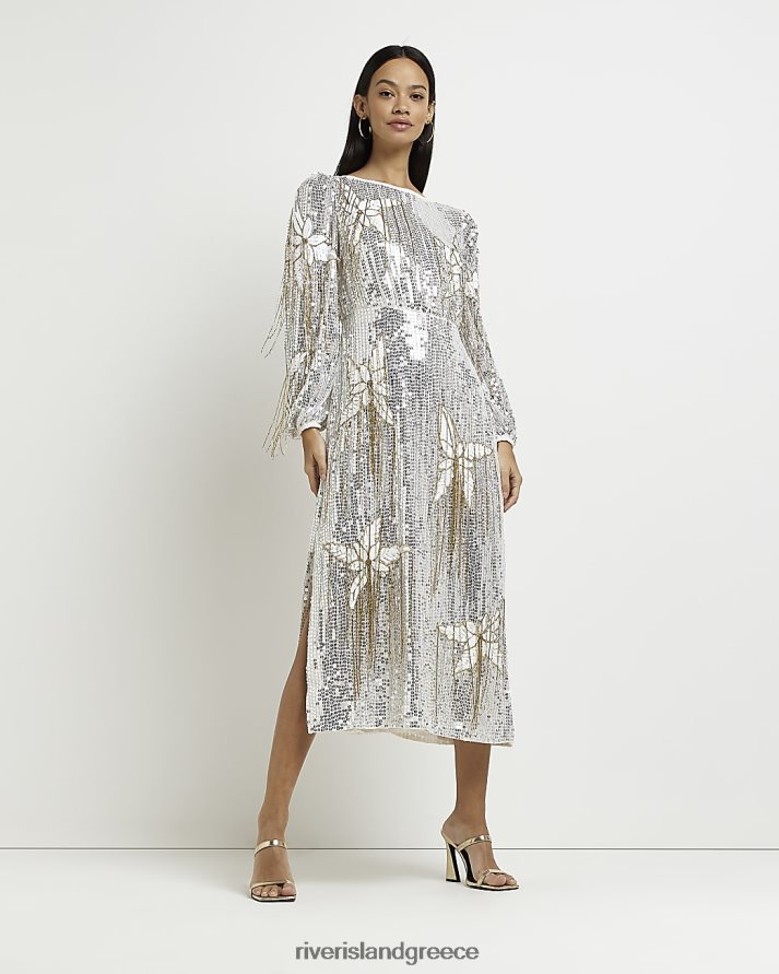 River Island ενδύματα ασήμι γυναίκες Μίντι φόρεμα με φλοράλ παγιέτες μακρυμάνικο B6N8X4861