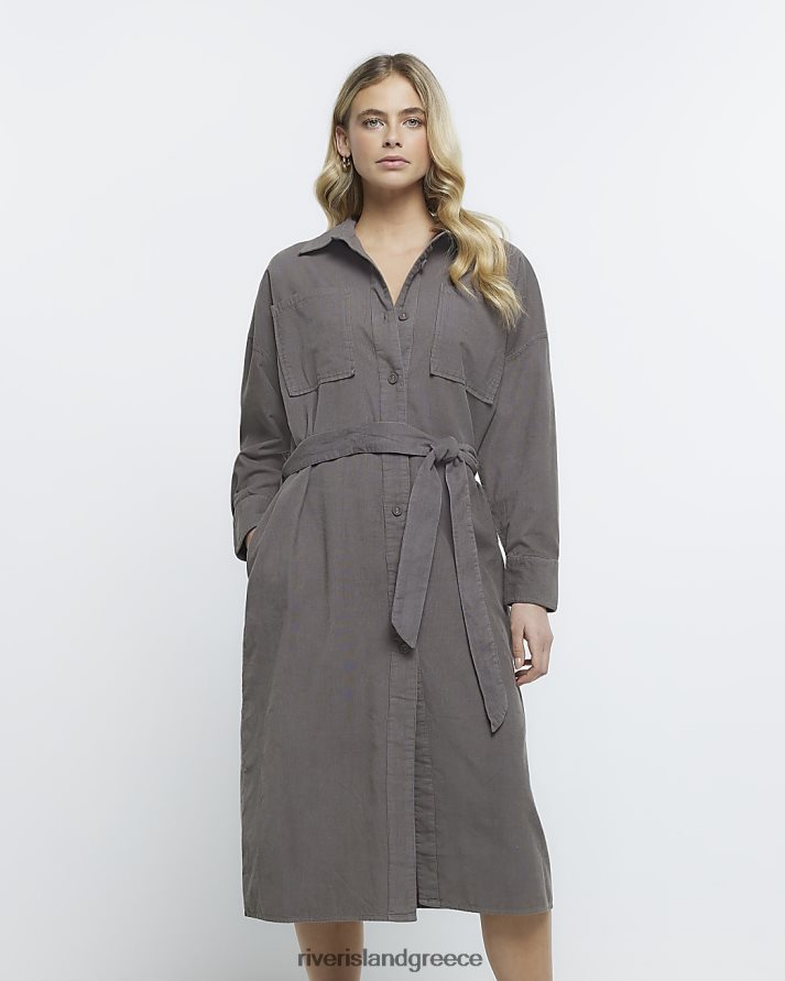 River Island ενδύματα γκρί γυναίκες κοτλέ μακρυμάνικο μίντι πουκάμισο φόρεμα B6N8X4878