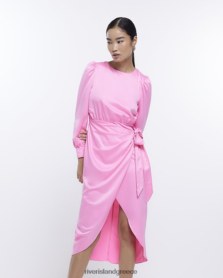 River Island ενδύματα ροζ γυναίκες σατέν μακρυμάνικο μίντι φόρεμα B6N8X4936