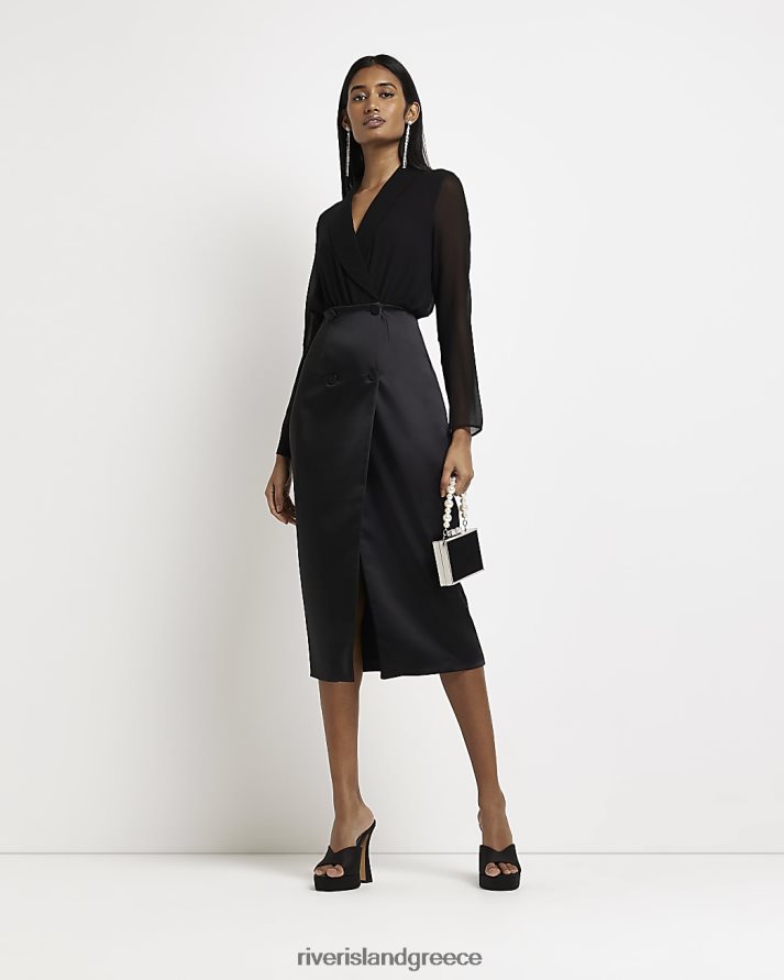 River Island ενδύματα μαύρος γυναίκες σατέν μίντι φόρεμα με διπλό στήθος B6N8X4963