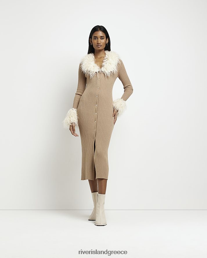 River Island ενδύματα καφέ γυναίκες Μίντι φόρεμα με ζακέτα από ψεύτικη γούνα B6N8X4968