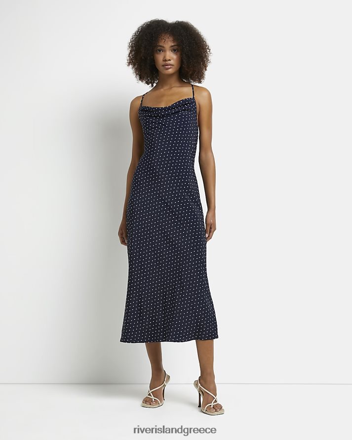 River Island ενδύματα ΠΟΛΕΜΙΚΟ ΝΑΥΤΙΚΟ γυναίκες πουά σατέν μίντι φόρεμα B6N8X5055