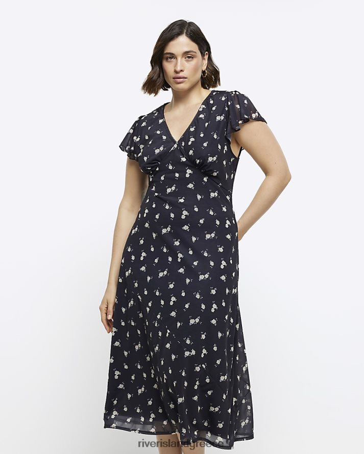 River Island ενδύματα μαύρος γυναίκες μίντι φόρεμα συν εμπριμέ τσαγιού B6N8X5170