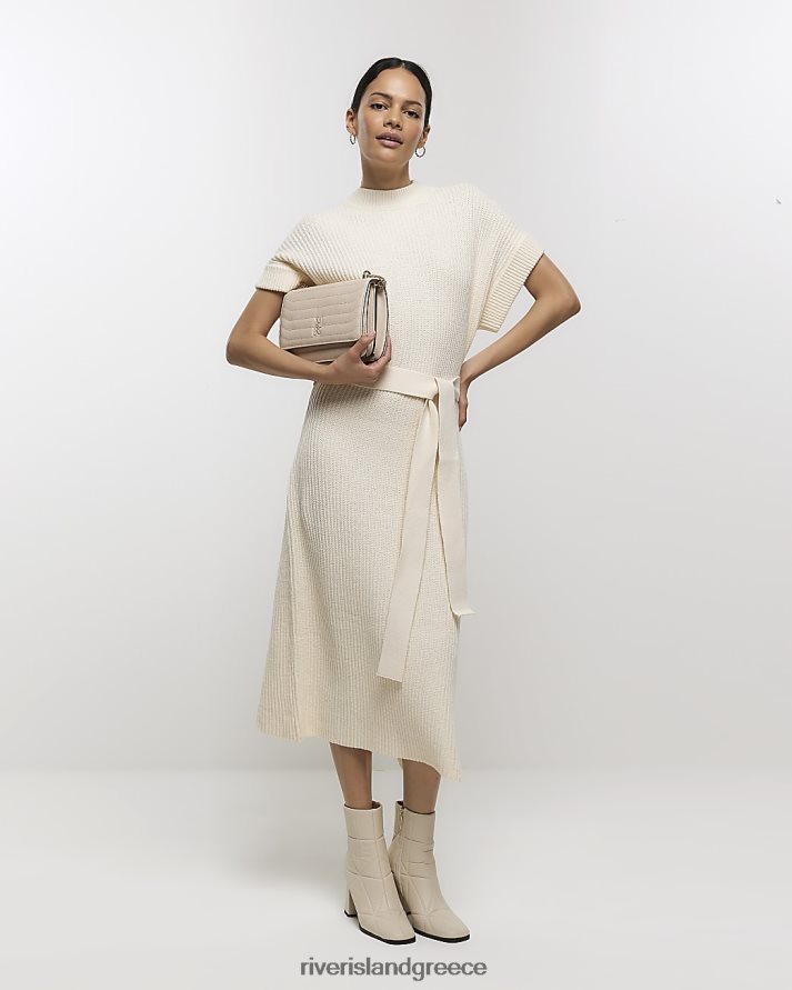 River Island ενδύματα κρέμα γυναίκες Μίντι φόρεμα με ψηλό λαιμό με ζώνη B6N8X707