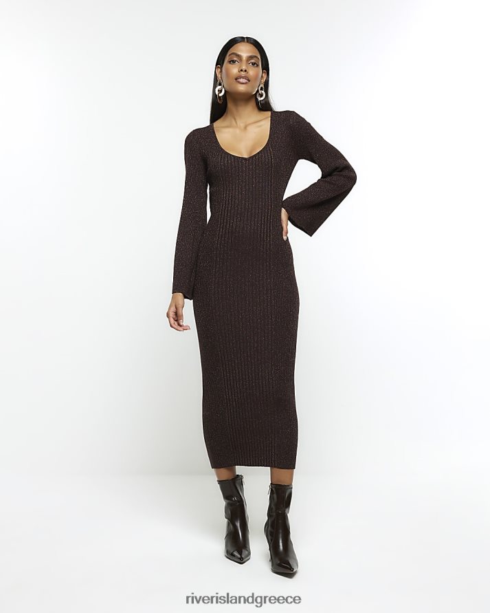 River Island ενδύματα καφέ γυναίκες μακρυμάνικο μίντι φόρεμα B6N8X854