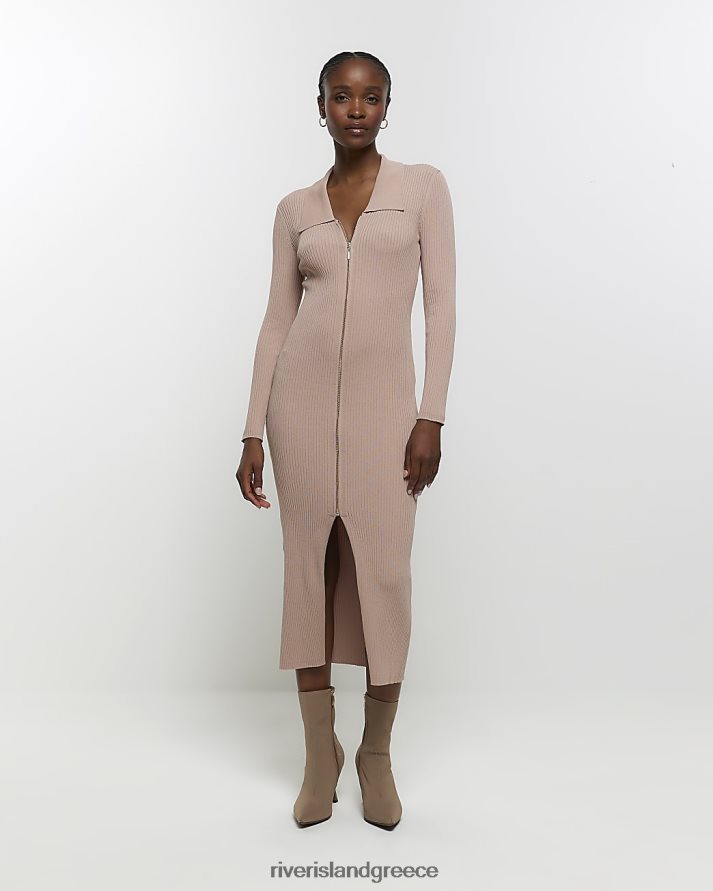River Island ενδύματα πέτρα γυναίκες Πλεκτό μίντι φόρεμα με φερμουάρ B6N8X86