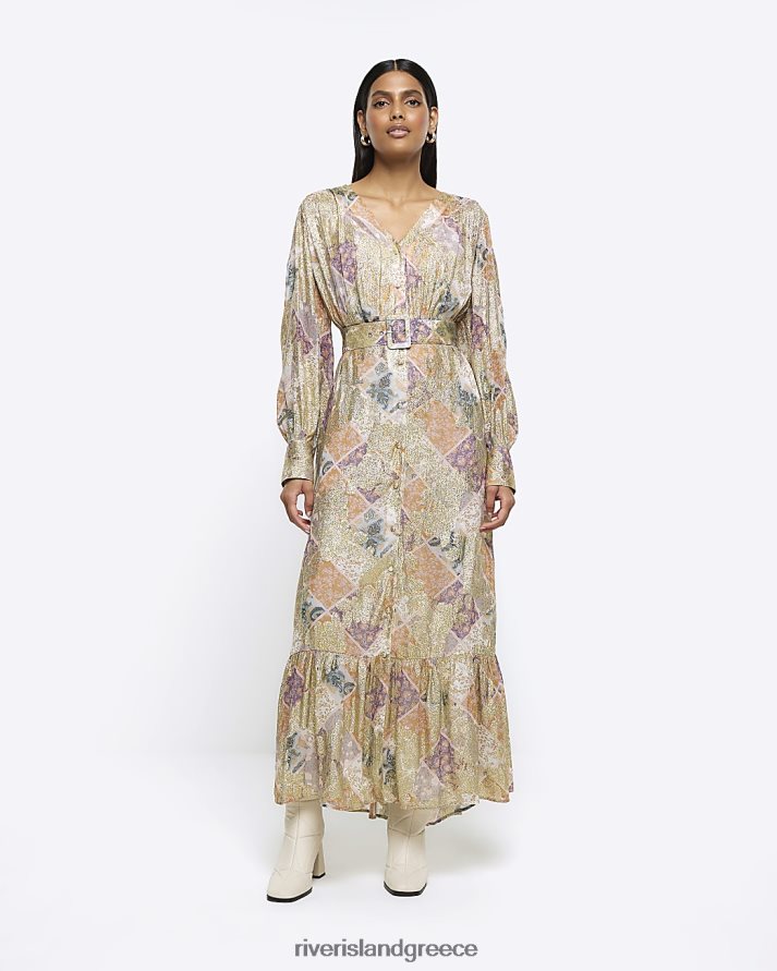 River Island ενδύματα χρυσός γυναίκες λουλουδάτο μίντι φόρεμα με ζωσμένη κούνια B6N8X893