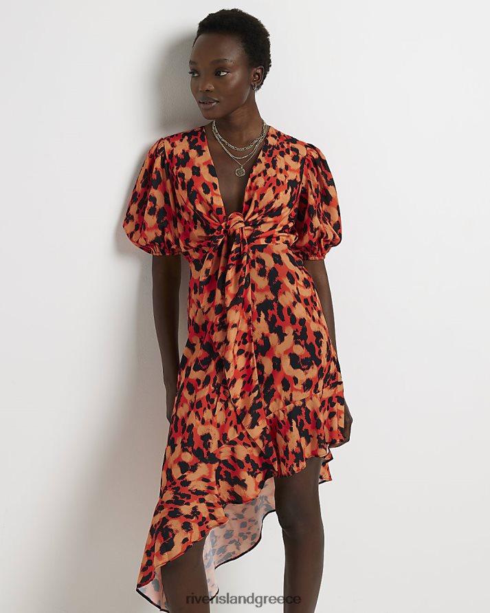 River Island ενδύματα πορτοκάλι γυναίκες μίντι φόρεμα με animal print ριχτάρι μανίκι B6N8X2145