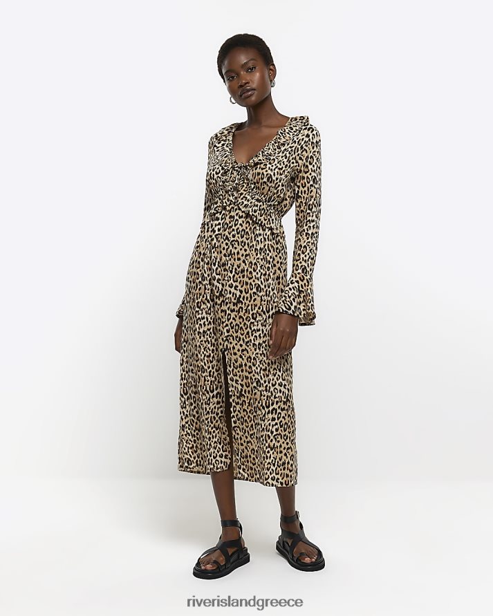 River Island ενδύματα καφέ γυναίκες μίντι φόρεμα τσαγιού animal print B6N8X4425