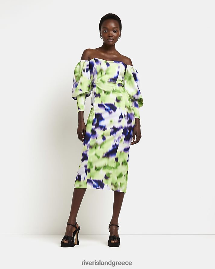 River Island ενδύματα πράσινος γυναίκες Μίντι φόρεμα με εμπριμέ bardot B6N8X4915