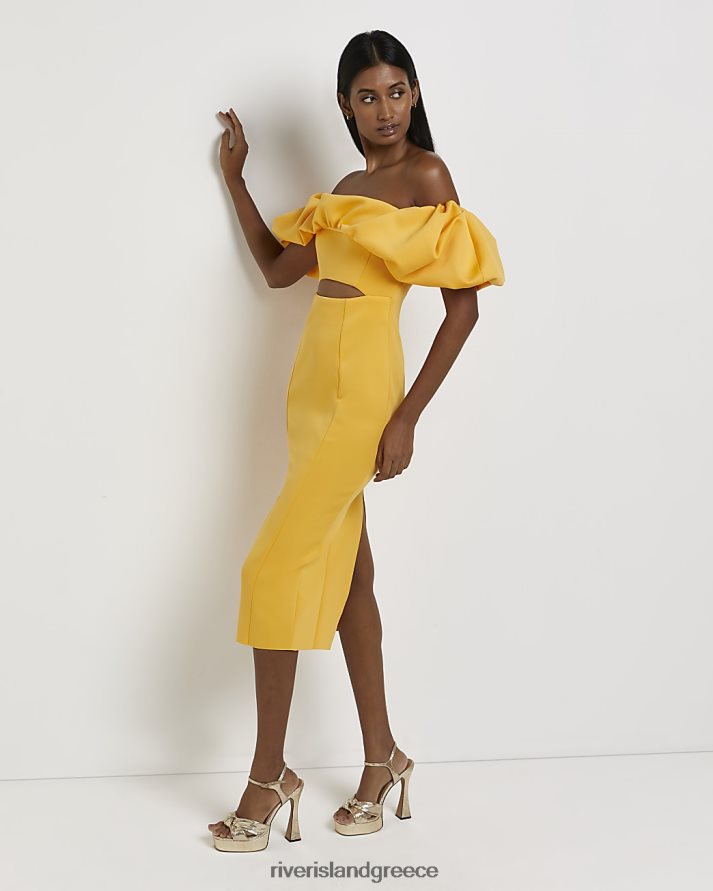 River Island ενδύματα κίτρινος γυναίκες μίντι φόρεμα bardot bodycon B6N8X453