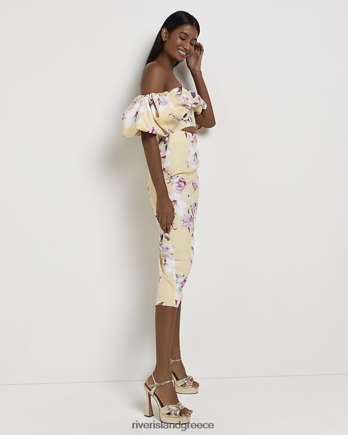 River Island ενδύματα κίτρινος γυναίκες φλοράλ bardot bodycon midi φόρεμα B6N8X452