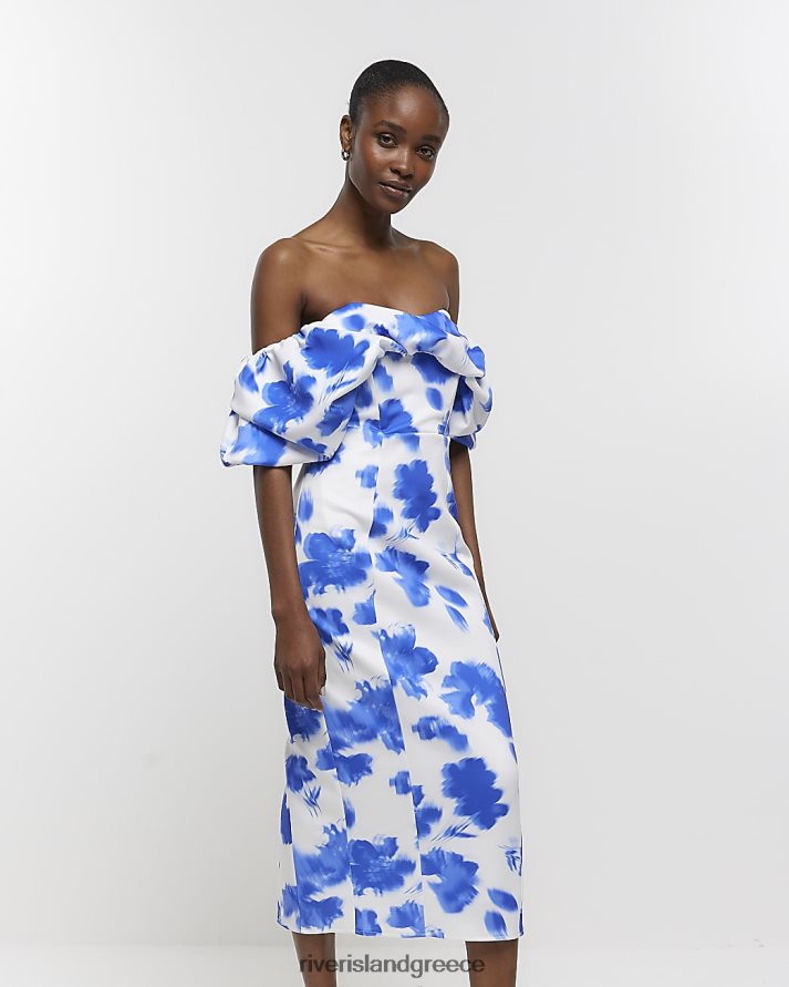 River Island ενδύματα μπλε γυναίκες Μίντι φόρεμα bardot print B6N8X1617