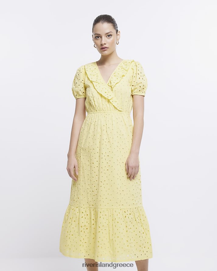 River Island ενδύματα κίτρινος γυναίκες μίντι φόρεμα broderie wrap B6N8X1847