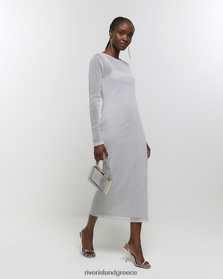 River Island ενδύματα ασήμι γυναίκες midi φόρεμα από μεταλλικό πλέγμα B6N8X4095
