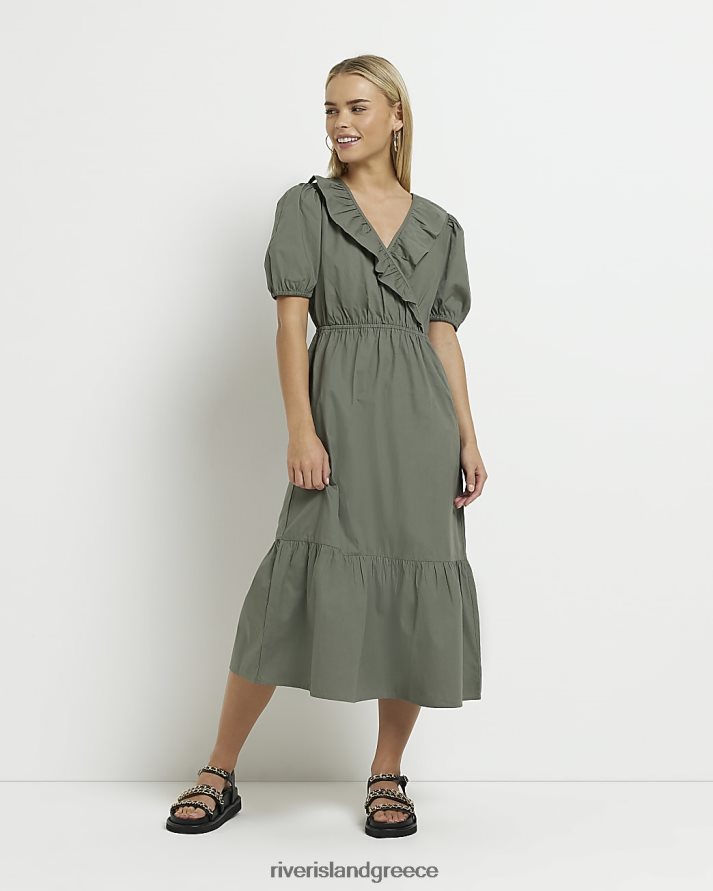 River Island ενδύματα χακί γυναίκες midi φόρεμα με λεπτοκαμωμένο μανίκι B6N8X5324