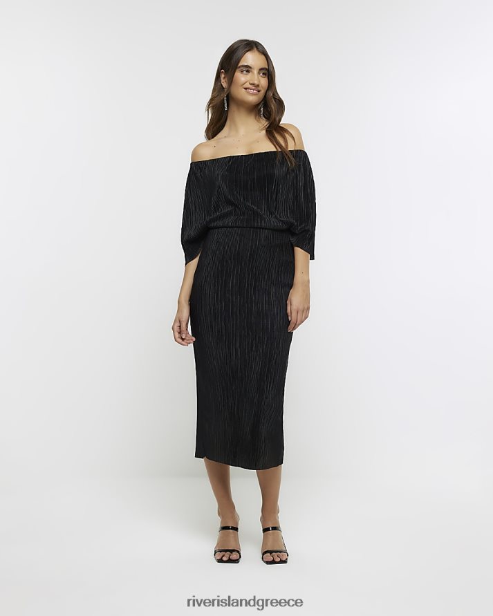 River Island ενδύματα μαύρος γυναίκες midi φόρεμα bardot drape plisse B6N8X807