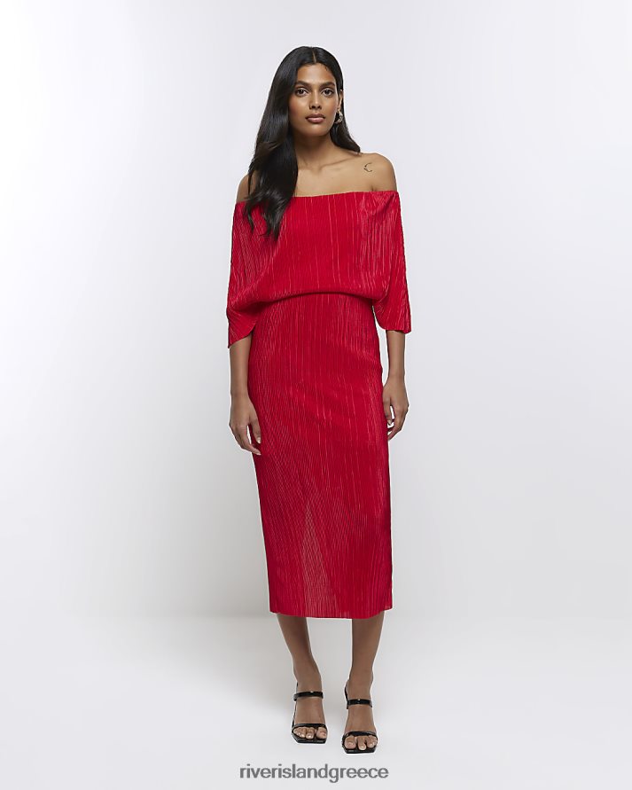 River Island ενδύματα το κόκκινο γυναίκες midi φόρεμα bardot drape plisse B6N8X808