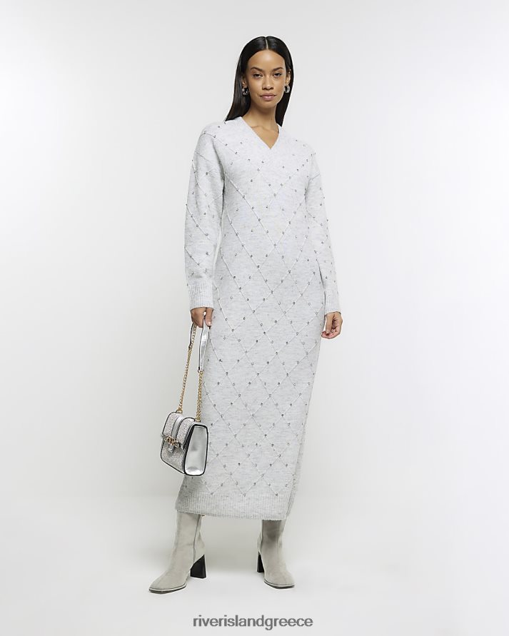 River Island ενδύματα γκρί γυναίκες midi φόρεμα diamante jumper B6N8X4019