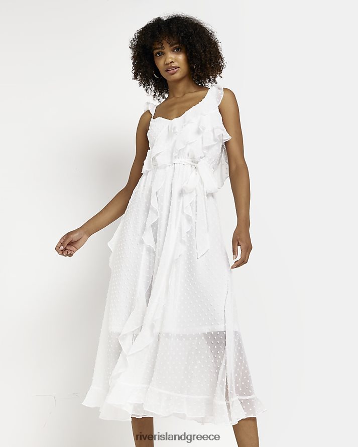 River Island ενδύματα άσπρο γυναίκες midi φόρεμα με frill tie μέση B6N8X2016