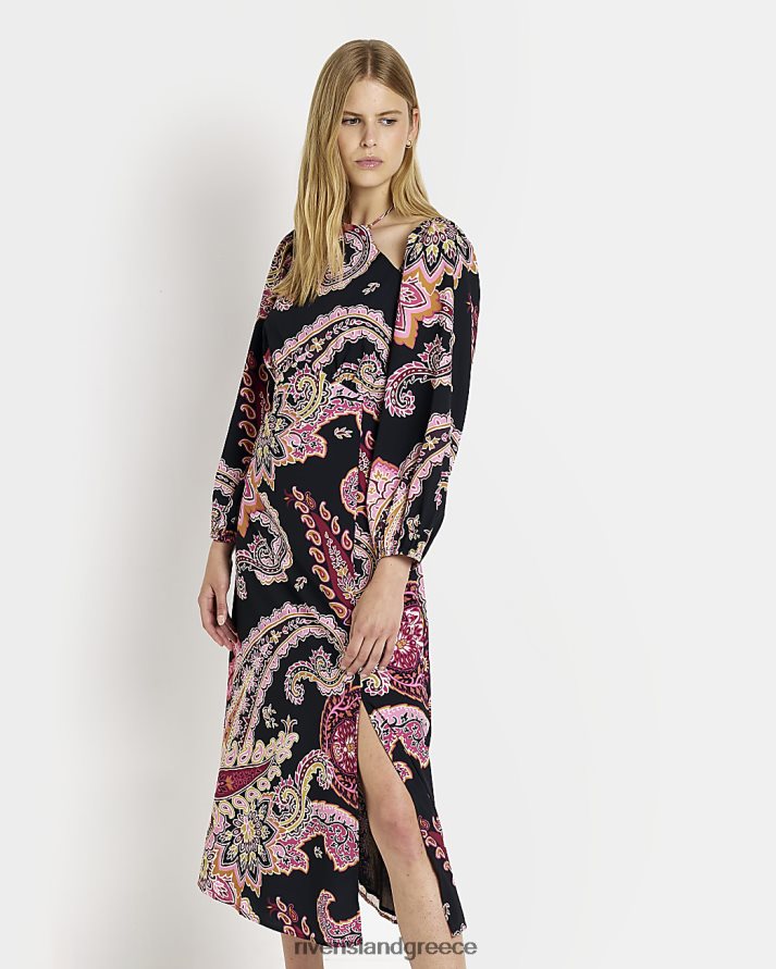 River Island ενδύματα μαύρος γυναίκες Μίντι φόρεμα με μακριά μανίκια paisley B6N8X2105