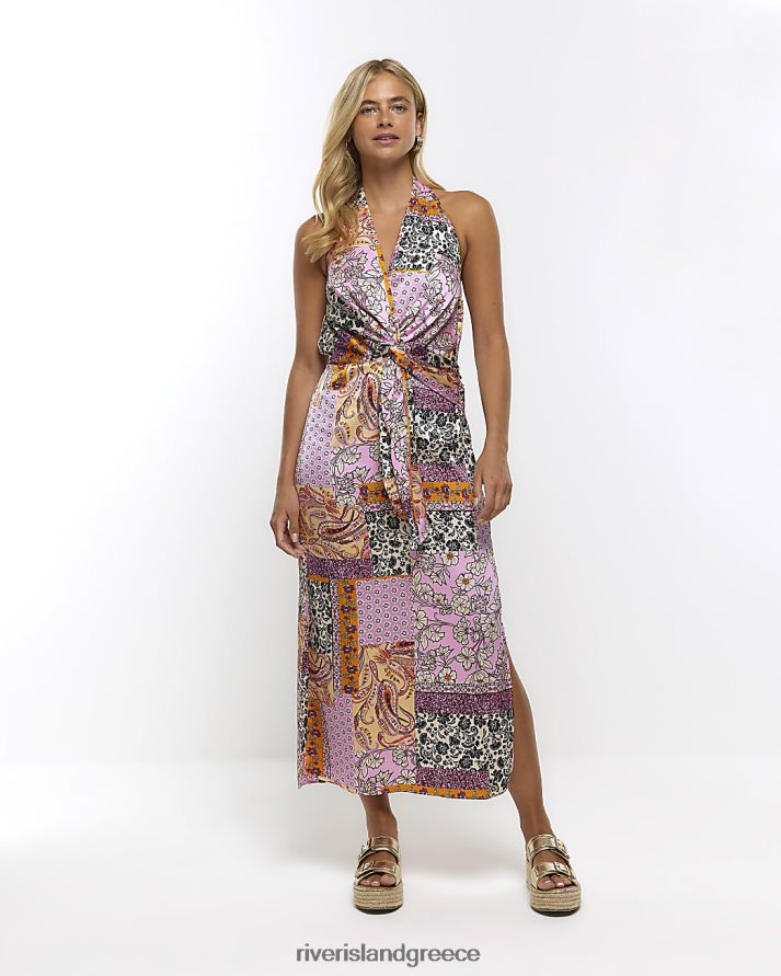 River Island ενδύματα ροζ γυναίκες paisley floral halter slip midi φόρεμα B6N8X1482