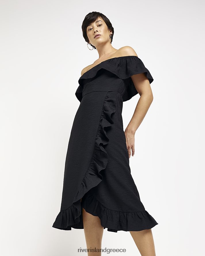 River Island ενδύματα μαύρος γυναίκες petite frill bardot midi φόρεμα B6N8X2295