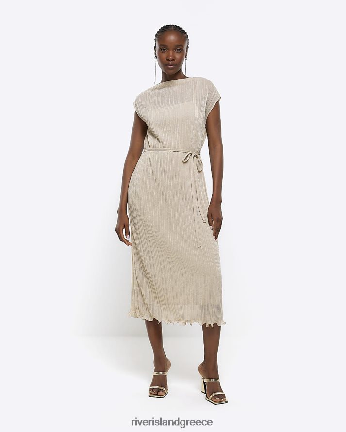 River Island ενδύματα χρυσός γυναίκες μίντι φόρεμα μεταλλικό plisse B6N8X4384
