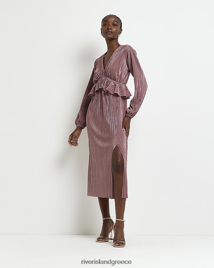 River Island ενδύματα μπεζ γυναίκες μακρυμάνικο μίντι φόρεμα plisse B6N8X543