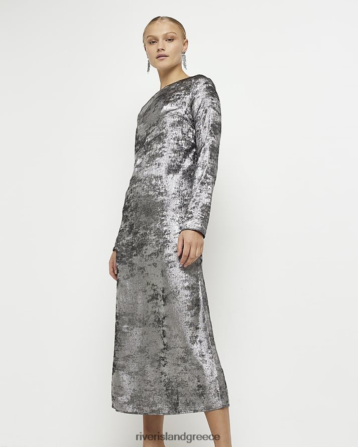 River Island ενδύματα ασήμι γυναίκες σατέν μακρυμάνικο slip μίντι φόρεμα B6N8X2015