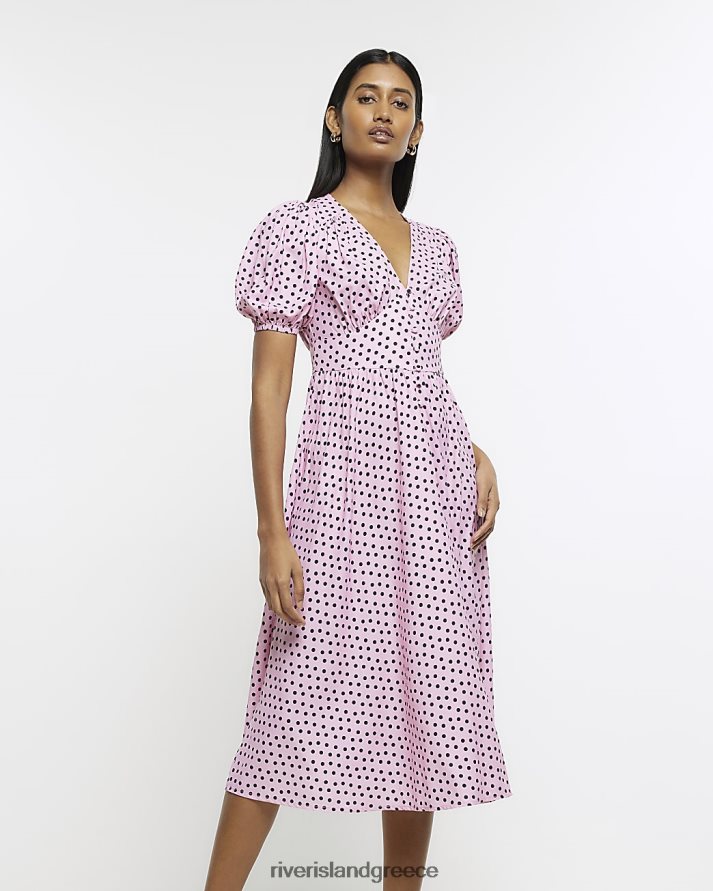 River Island ενδύματα ροζ γυναίκες μίντι φόρεμα με στίγματα φουσκωτά μανίκια swing B6N8X1559