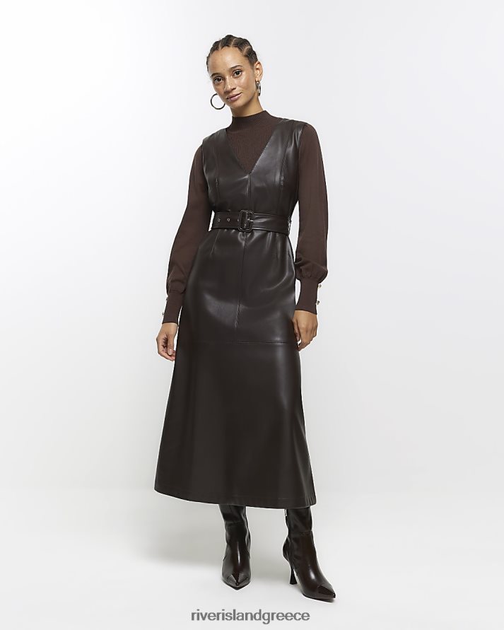 River Island ενδύματα καφέ γυναίκες μίντι φόρεμα swing με ψεύτικο δέρμα B6N8X80