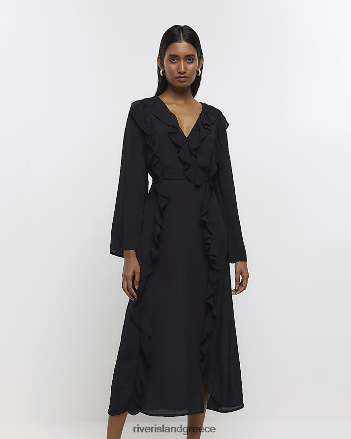 River Island ενδύματα μαύρος γυναίκες μίντι φόρεμα swing με frill wrap B6N8X1540