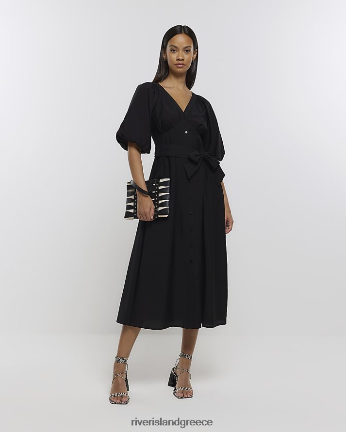 River Island ενδύματα μαύρος γυναίκες δέσιμο μέσης φουσκωτό μανίκι swing midi φόρεμα B6N8X4410