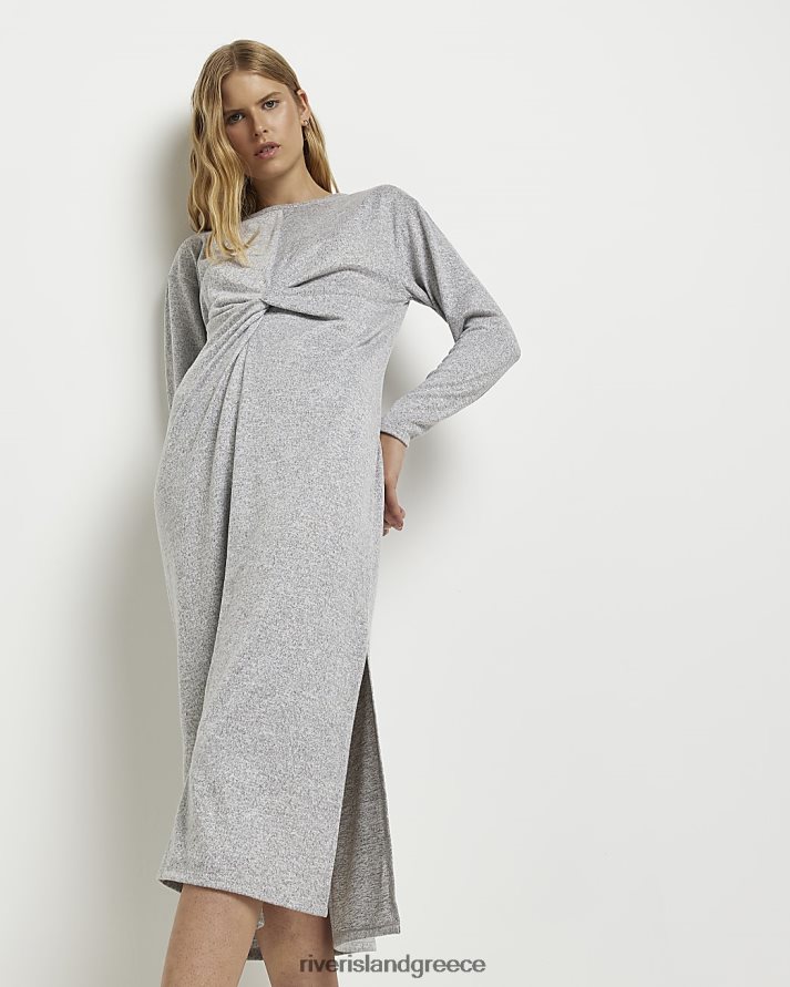 River Island ενδύματα γκρί γυναίκες μακρυμάνικο twist μπροστινό μίντι φόρεμα B6N8X612