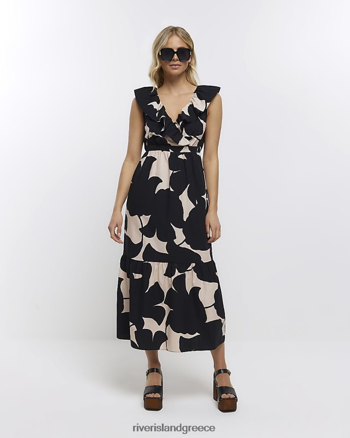 River Island ενδύματα μαύρος γυναίκες τύπωμα μάξι φόρεμα με λαιμόκοψη B6N8X1401