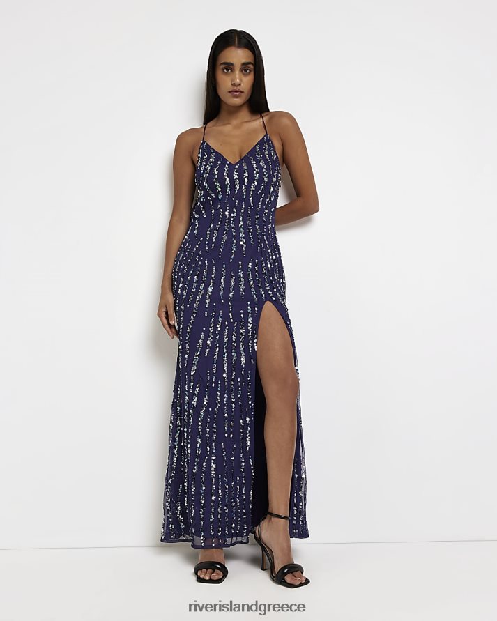 River Island ενδύματα ΠΟΛΕΜΙΚΟ ΝΑΥΤΙΚΟ γυναίκες μάξι φόρεμα με μικροκαμωμένη παγιέτα B6N8X2166