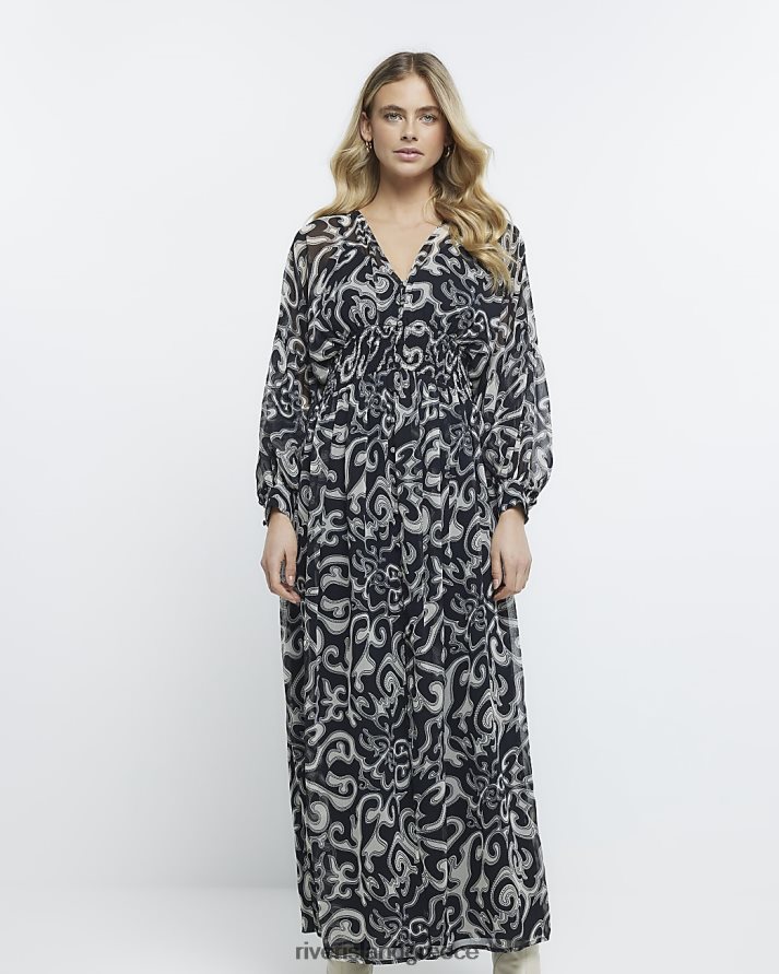 River Island ενδύματα μαύρος γυναίκες μακρυμάνικο μάξι φόρεμα με στάμπα B6N8X2197