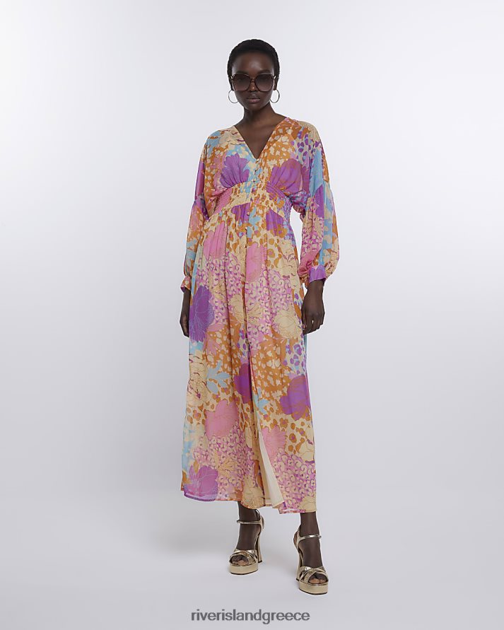 River Island ενδύματα πορτοκάλι γυναίκες μακρυμάνικο μάξι φόρεμα με στάμπα B6N8X2198
