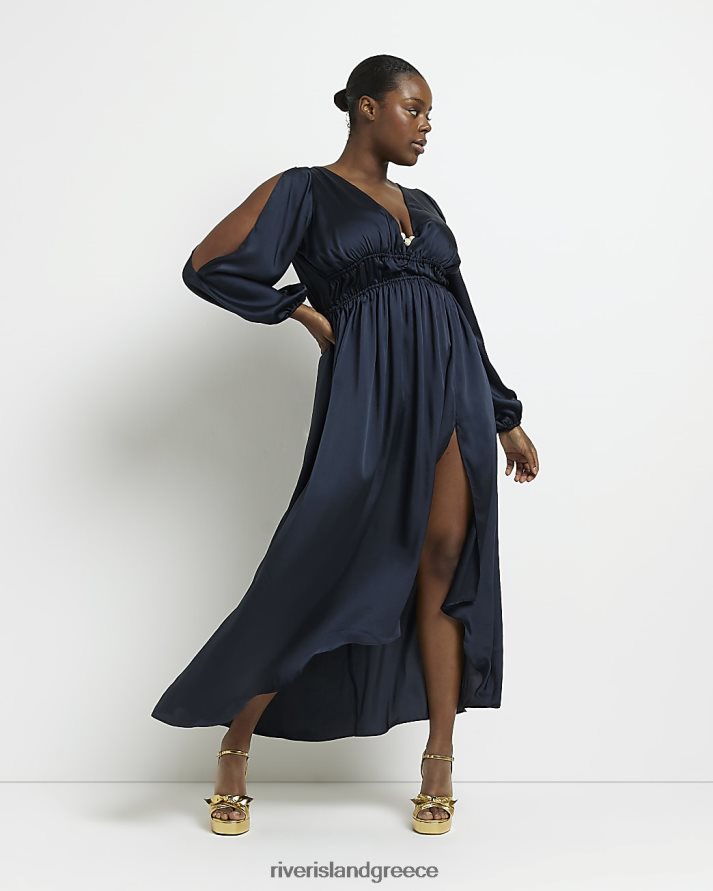 River Island ενδύματα ΠΟΛΕΜΙΚΟ ΝΑΥΤΙΚΟ γυναίκες συν σατέν μάξι φόρεμα κρύου ώμου B6N8X5176