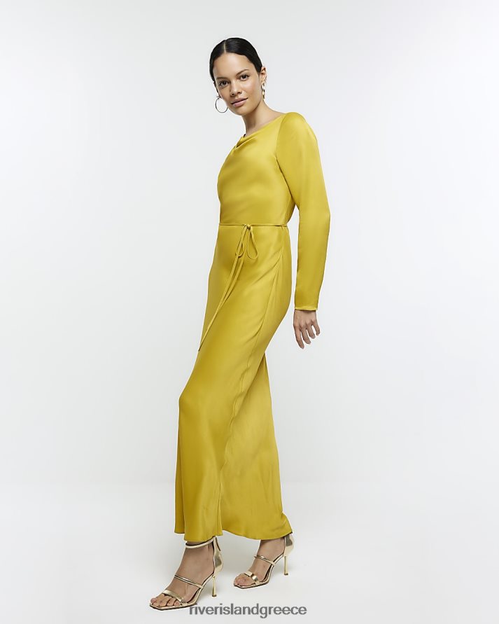 River Island ενδύματα κίτρινος γυναίκες σατέν μάξι φόρεμα με γραβάτα B6N8X741