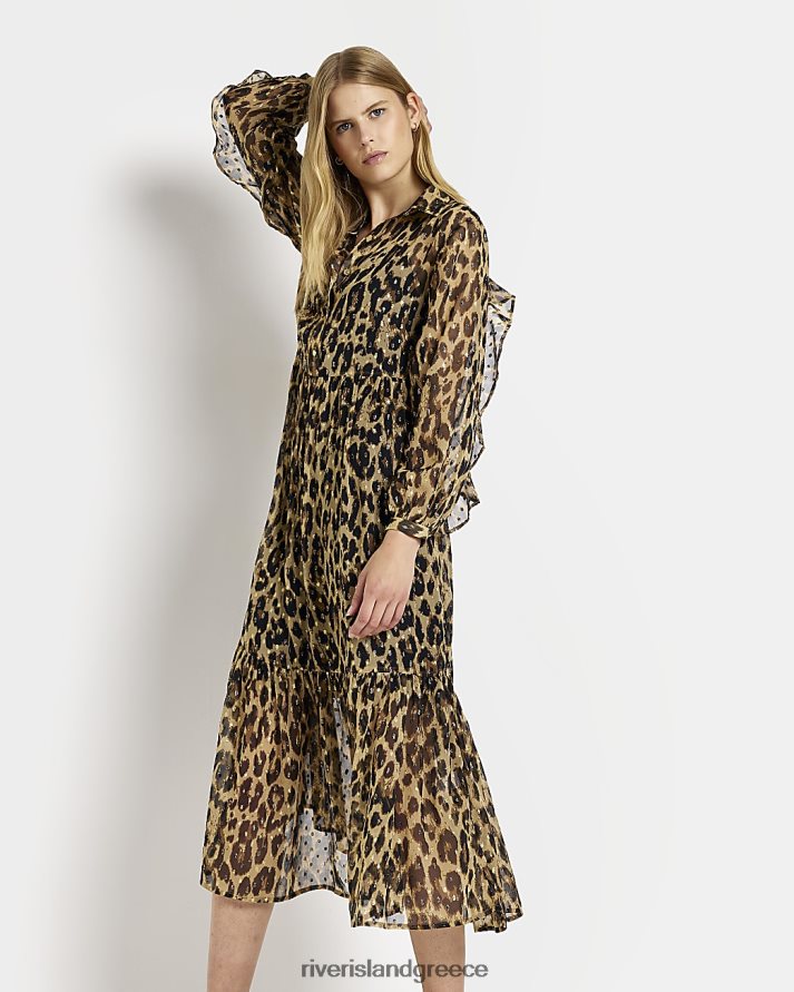 River Island ενδύματα καφέ γυναίκες σιφόν animal print μάξι φόρεμα πουκάμισο B6N8X1863