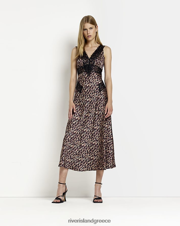 River Island ενδύματα καφέ γυναίκες σατέν animal print maxi slip φόρεμα B6N8X4953