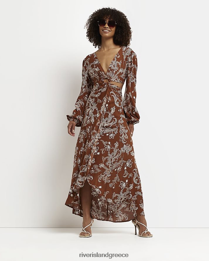 River Island ενδύματα καφέ γυναίκες floral cut out swing maxi φόρεμα B6N8X397
