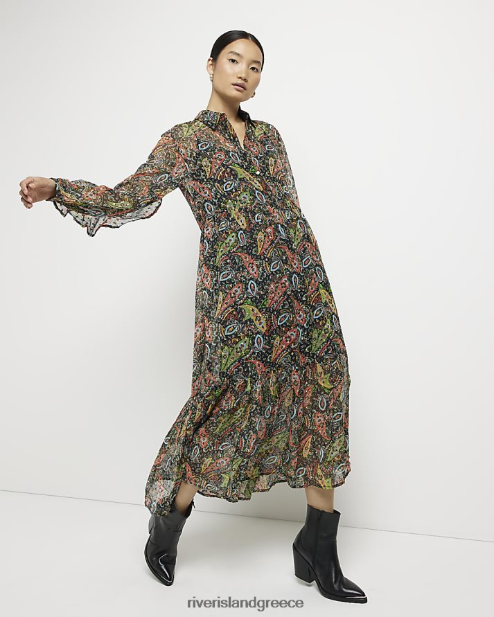 River Island ενδύματα μαύρος γυναίκες μακρυμάνικο μάξι φόρεμα σιφόν paisley B6N8X1864