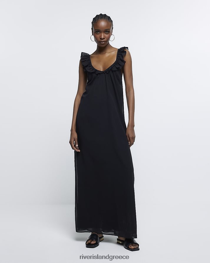 River Island ενδύματα μαύρος γυναίκες μάξι αμάνικο slip φόρεμα με λεπτομέρεια B6N8X4727