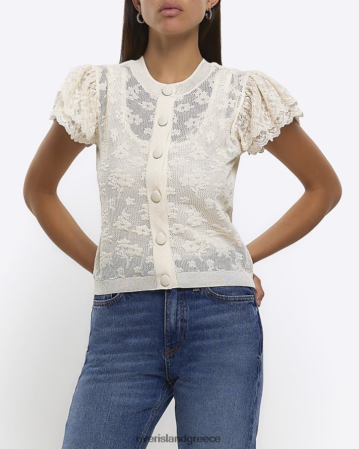 River Island ενδύματα κρέμα γυναίκες Δαντελένια μπλούζα με μανίκια B6N8X1282