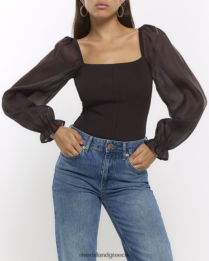 River Island ενδύματα καφέ γυναίκες μπλούζα με μανίκια οργάντζα B6N8X733